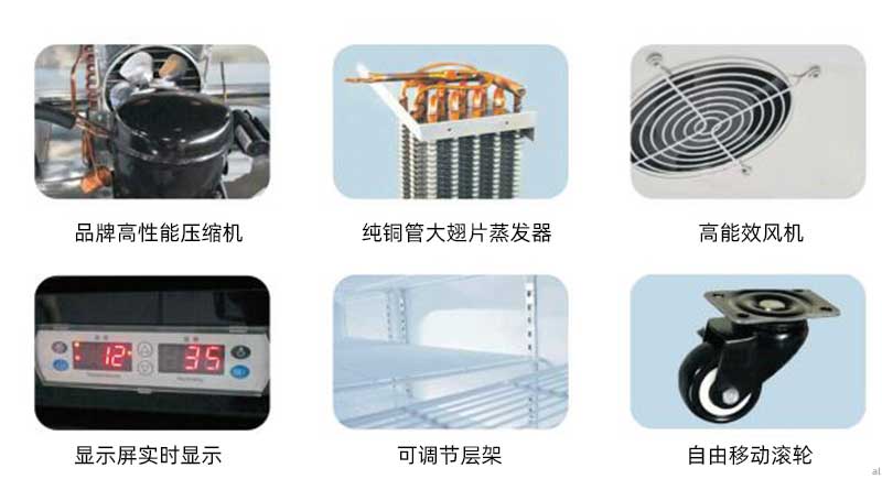 志翔領馭藥品陰涼柜冷藏柜配備品牌高性能壓縮機、純銅管大翅片蒸發(fā)器、高能效風機、超大顯示屏、可調(diào)式層架、自由移動滾輪。