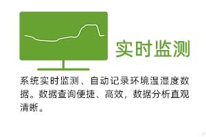 實時監(jiān)測：系統(tǒng)實時監(jiān)測、自動記錄環(huán)境溫濕度數(shù)據(jù)。 數(shù)據(jù)查詢便捷、高效，數(shù)據(jù)分析直觀清晰。