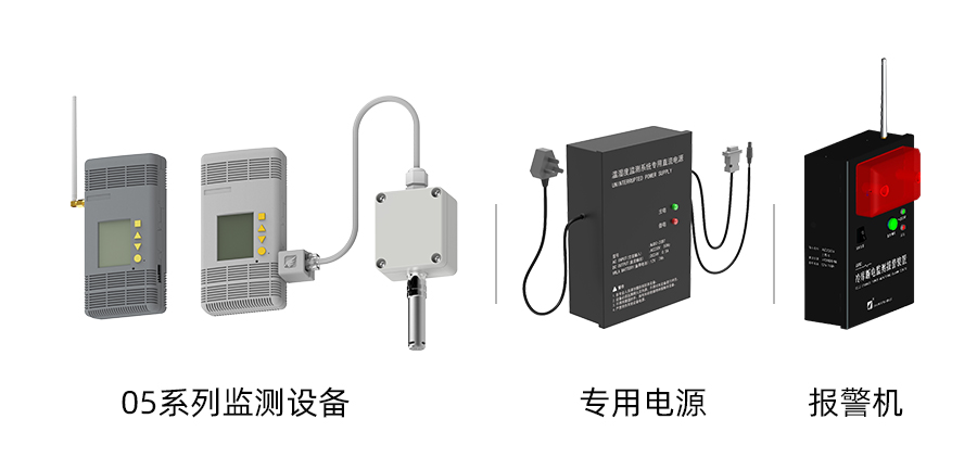 部分設(shè)備展示：05系列溫濕度監(jiān)測設(shè)備、報(bào)警機(jī)